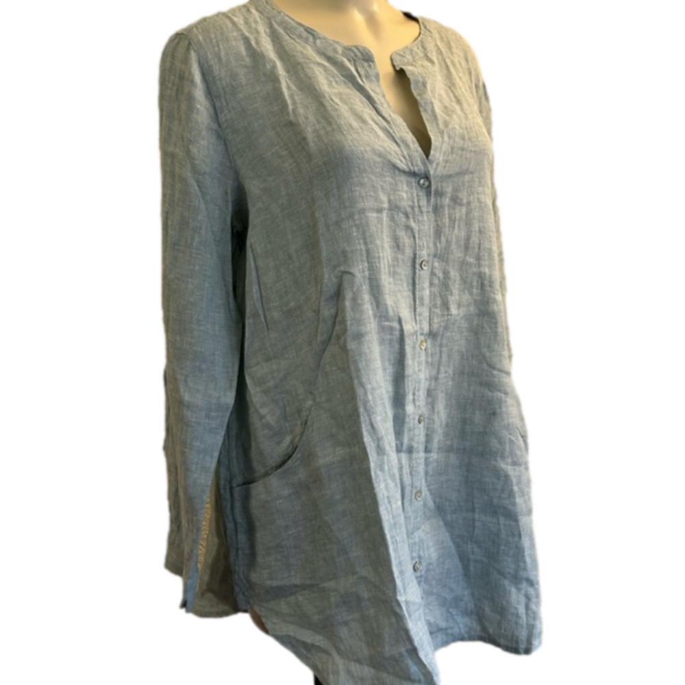 Sigrid Olsen 100% Linen Button Down Sage Color Sh… - image 4